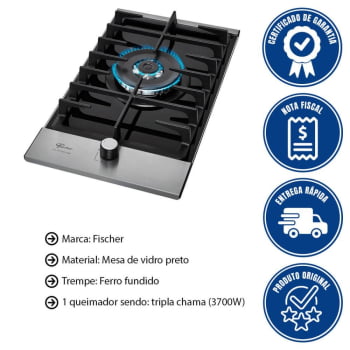 Cooktop Fischer Platinium A Gás 1 Queimador Tripla Chama Vidro Preto GII 33790(92104)