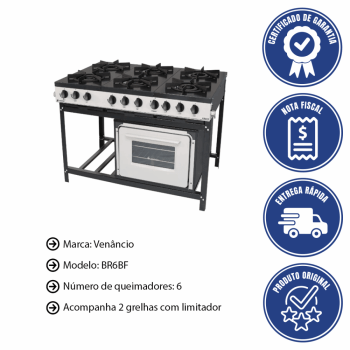Fogão Industrial Venâncio a Gás Bravo 6 Bocas com Forno Padrão BR6BF
