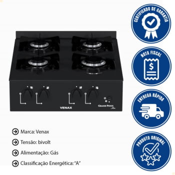 Fogão de Mesa 4 Bocas Venax Grand Petit Line Preto Gás GLP Bivolt 25999