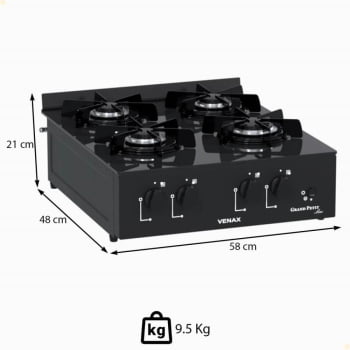 Fogão de Mesa 4 Bocas Venax Grand Petit Line Preto Gás GLP Bivolt 25999