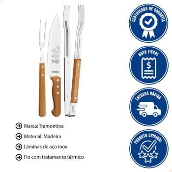 Jogo para Churrasco Tramontina com Lâminas em Inox e Cabos de Madeira Natural 3 Peças 22399075
