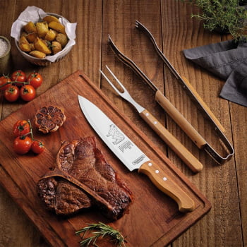 Jogo para Churrasco Tramontina com Lâminas em Inox e Cabos de Madeira Natural 3 Peças 22399075