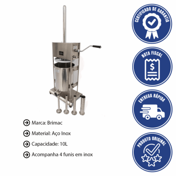 Embutideira Ensacadeira Para Linguiça Brimac Industrial Manual Em Aço Inox 10L EMB10