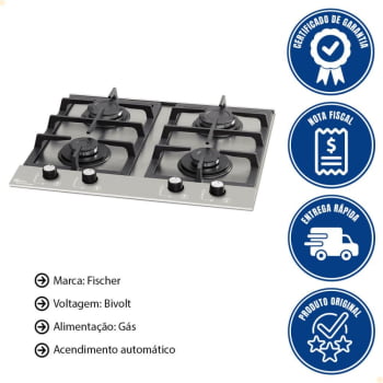 Cooktop A Gás Fischer 4 Bocas Platinium Com Trempe De Ferro Fundido Mesa Aço Bivolt