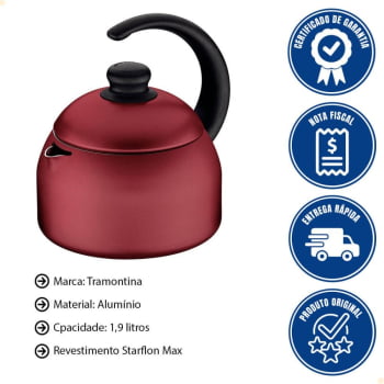 Chaleira Tramontina Paris em Alumínio Revestimento Antiaderente Starflon Max Vermelho 1,9 L 20550719