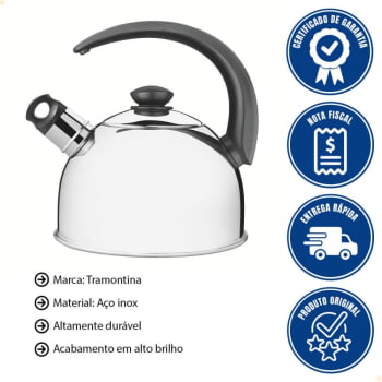 Chaleira Tramontina com Apito em Aço Inox Cabo Preto 2,1 Litros 61483013