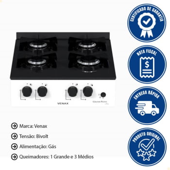 Fogão de Mesa 4 Bocas Venax Grand Petit Line Branco Gás GLP Automático Bivolt 25187