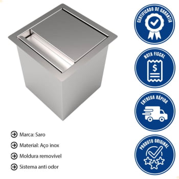 Lixeira De Embutir Quadrada Saro Em Aço Inox 4 Litros De Bancada Com Sistema Anti Odor CLL