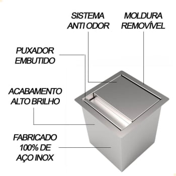 Lixeira De Embutir Quadrada Saro Em Aço Inox 4 Litros De Bancada Com Sistema Anti Odor CLL