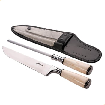 Conjunto Faca e Chaira Hickmann Luxo 938p em Aço Inox com Cabo Torneado em Osso 2046