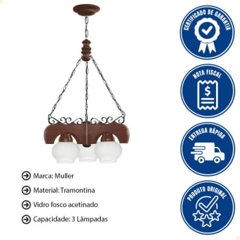 Lustre Muller Canga 3 Lâmpadas Envelhecido 403E