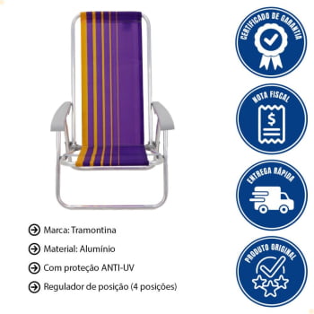 Kit 06 Cadeiras de Praia Reclin.Tramontina Bali Baixa em Alumínio c/ Assento Roxo e Amarelo 92900103