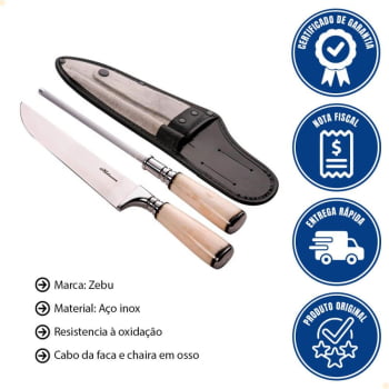 Conjunto Faca e Chaira Zebu Hickmann Cabo Torneado em Osso 93/6p 3004