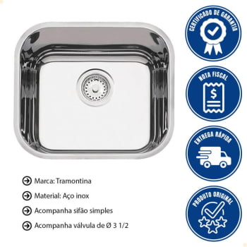 Cuba Tramontina Prime em Aço Inox Alto Brilho 40x34 cm com Válvula e Tanque Polido 40x40 e Sifão 940