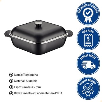 Caçarola Quadrada Tramontina Lyon Em Alumínio Revestimento Starflon Preto Com Tampa 28 cm 5,5L