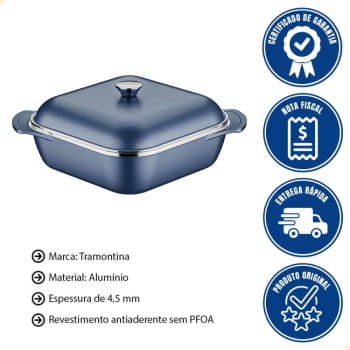 Caçarola Quadrada Tramontina Lyon Em Alumínio Revestimento Starflon Azul Com Tampa 28 cm 5,5L