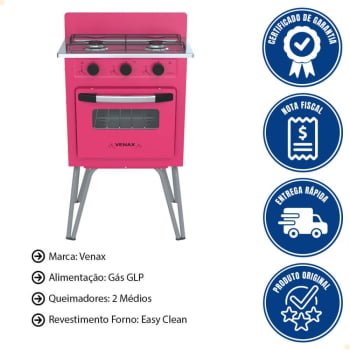 Fogão a Gás Venax Gemini 2 Queimadores Vetro Pink GLP 24128