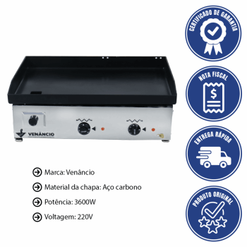 Chapa Bifeteira Venâncio Deguste Luxo Elétrica Bancada Em Aço 220V CE65 49811 