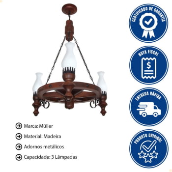 Lustre Muller Roda Carroça 3 Lâmpadas Envelhecido 903E