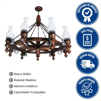 Lustre Muller Roda Carroça 9 Lâmpadas Envelhecido 909E