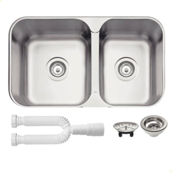 Cuba Dupla Tramontina Isis 2C 34-28 BS Perfecta Inox Acetinado 69x40 cm Com Sifão 94062102 Cuba Dupla Tramontina Isis 2C 34-28 BS Perfecta Inox Acetinado 69x40 cm Com Sifão 94062102