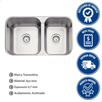 Cuba Dupla Tramontina Isis 2C 34-28 BS Perfecta Inox Acetinado 69x40 cm Com Sifão 94062102