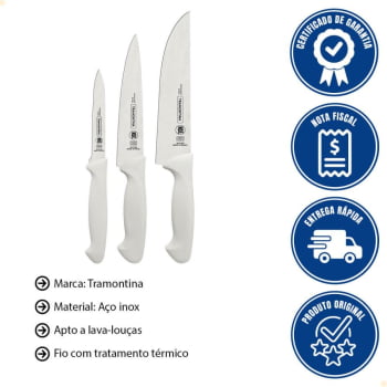 Jogo de Facas Tramontina Premium Lâminas em Inox e Cabos de Polipropileno Branco 3 Peças 24499811