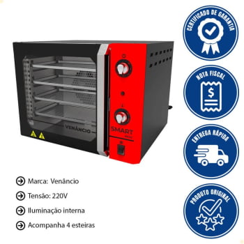 Forno Industrial Convector Venâncio Elétrico Smart Basic Vermelho 4 Esteiras 220v Com Cavalete