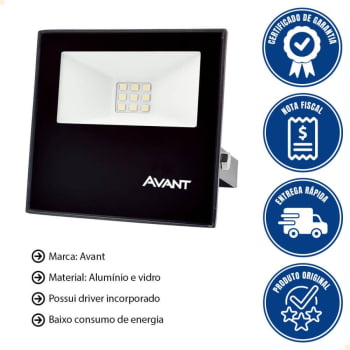 Kit 5 Refletor Led Holofote Avant 10W Luz Branco Frio 6500k 750 Lúmens Slim10 Resist Chuva IP65 Biv