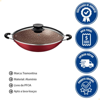 Wok Tramontina Paris Alumínio Vermelho c/ Antiad. Starflon Max e Tampa de Vidro 36 cm 6,0 L 28545736