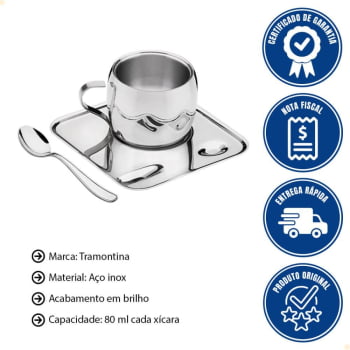 Kit para Café Tramontina em Inox Acabamento Brilho Xícara Pires Quadrado e Colher 6 Peças 64430800