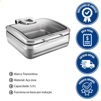 Rechaud Tramontina Banho Maria Retangular em Inox com Tampa Basculante e Cuba GN 2/3 5,9 L 61027010