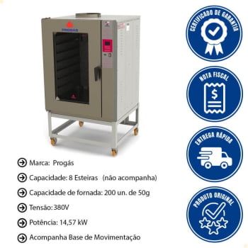 Forno Turbo Industrial Elétrico Progás 8 Esteiras PRP-8000 Trifásico 380V 