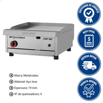 Chapa Bifeteira Metalcubas Premium A Gás Chapa 60cm 19mm Aço Inox Acendimento Automático 26429