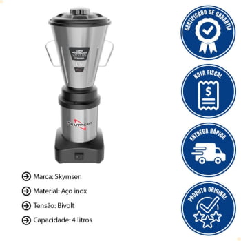Liquidificador Comercial 4 Litros Skymsen L4 Em Inox com Copo Monobloco em Inox Bivolt