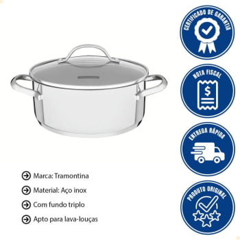 Caçarola Rasa Tramontina Una em Aço Inox com Fundo Triplo e Tampa de Vidro 20 cm 2,9 L 62283200