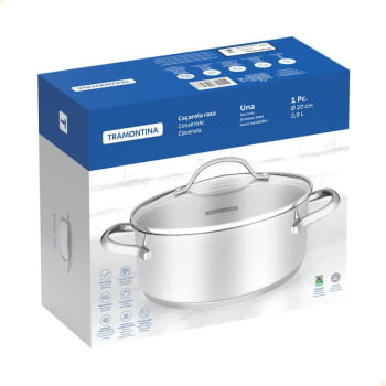 Caçarola Rasa Tramontina Una em Aço Inox com Fundo Triplo e Tampa de Vidro 20 cm 2,9 L 62283200
