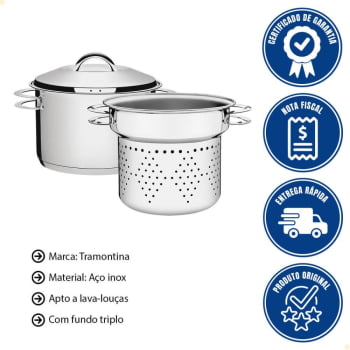 Jogo Cozi-Pasta Tramontina Solar em Aço Inox Fundo Triplo com Alças 2 Peças 20 cm 65500410