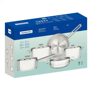 Jogo de Panelas Tramontina Brava em Aço Inox Fundo Triplo com Tampa Plana 5 Peças 65400010