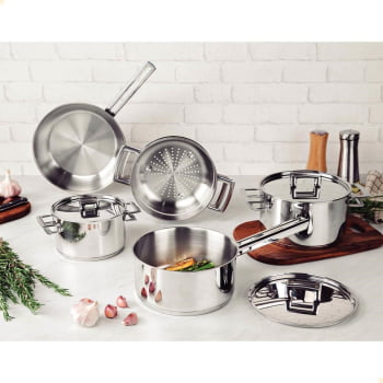 Jogo de Panelas Tramontina Brava em Aço Inox Fundo Triplo com Tampa Plana 5 Peças 65400010