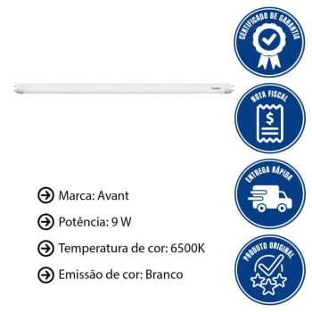 Kit 10 Lâmpadas Tubular T8 LED Branco Frio 9W Avant Bivolt 6500K Base G13 BR900-B - CÓD 335511374