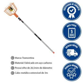 Kit Colhedor De Frutas Grande Tramontina Em Aço 77819201 + Cabo Metálico Extensível 3m