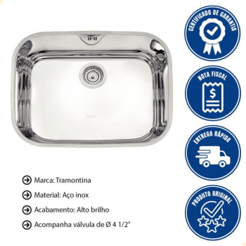 Cuba de Embutir Tramontina Lavínia 48 BL Prime Em Aço Inox Alto Brilho 48x34 cm Com Válvula e Sifão