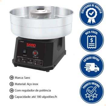 Máquina de Fazer Algodão Doce Saro Industrial Elétrica Inox e Preto Festas Portátil Bivolt AD