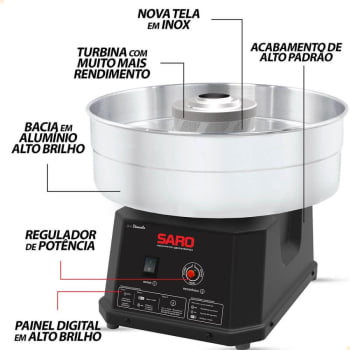 Máquina de Fazer Algodão Doce Saro Industrial Elétrica Inox e Preto Festas Portátil Bivolt AD