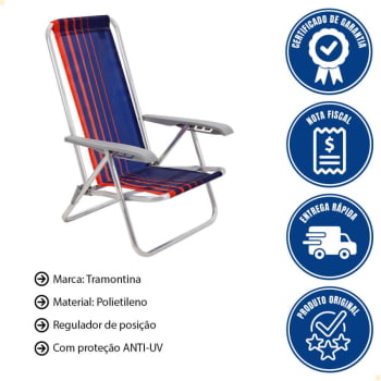Kit 04 Cadeiras de Praia Reclinável Tramontina Bali Baixa Alumínio Assento Azul e Laranja 92900100