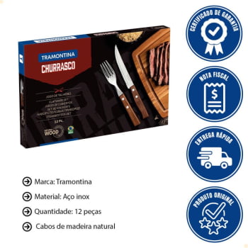 Jogo De Talheres Para Churrasco Tramontina Aço Inox E Cabos De Madeira Natural 12 Peças 22299002