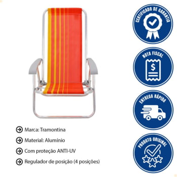 Kit 06 Cadeiras de Praia Reclin.Tramontina Bali Baixa Alumínio c/ Assento Laranja e Amarelo 92900101