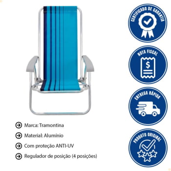 Kit 06 Cadeiras de Praia Reclinável Tramontina Bali Baixa em Alumínio com Assento Azul 92900102