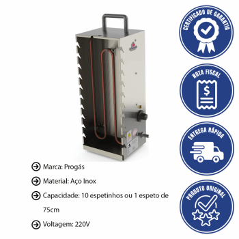 Assador Elétrico Progás PR-199 E Em Aço Inox 10 Espetinhos 220V P32341